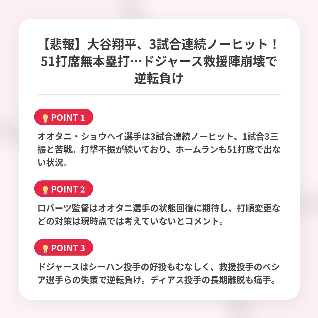 【悲報】大谷翔平、3試合連続ノーヒット！51打席無本塁打…ドジャース救援陣崩壊で逆転負けの注目ポイントまとめ