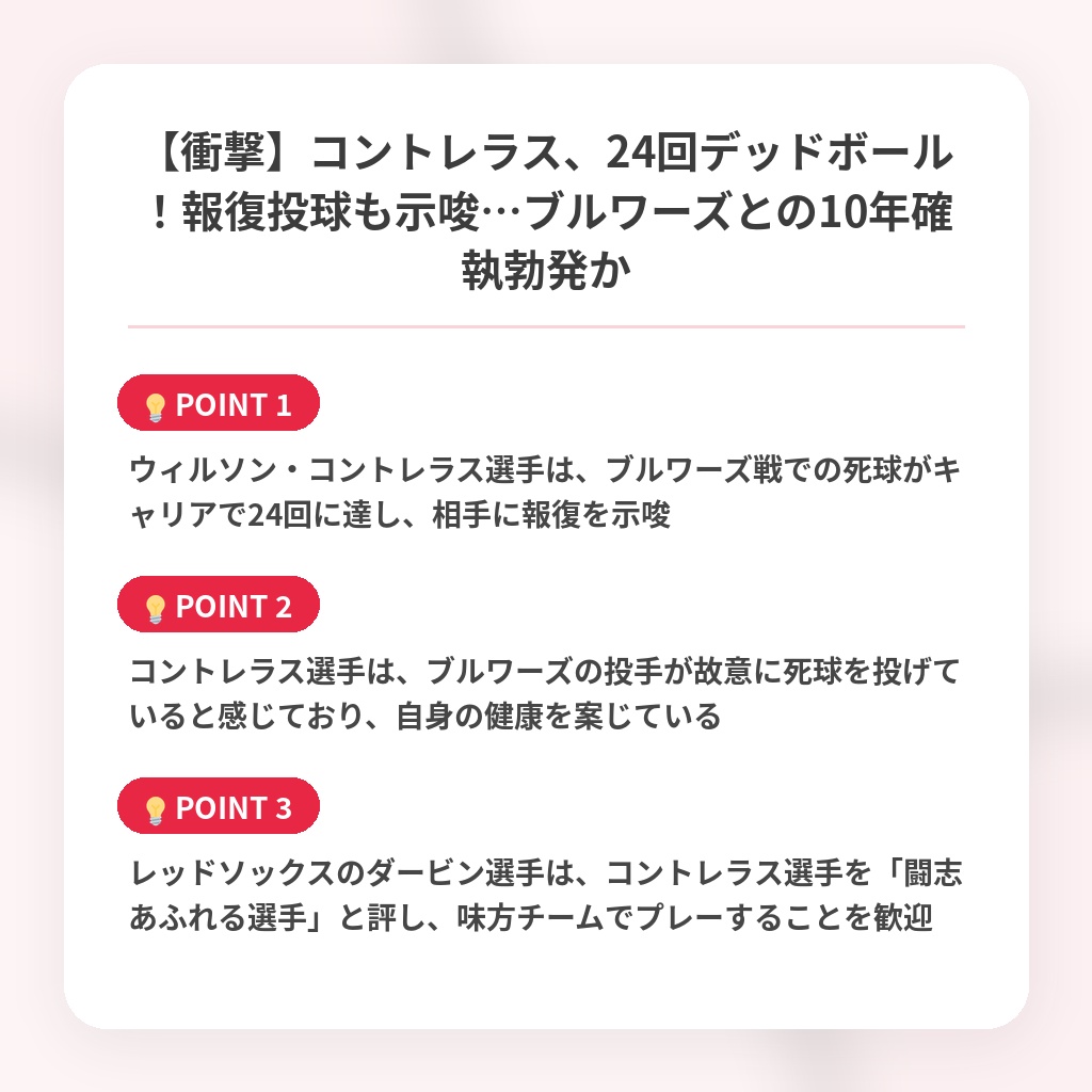【衝撃】コントレラス、24回デッドボール！報復投球も示唆…ブルワーズとの10年確執勃発かの注目ポイントまとめ