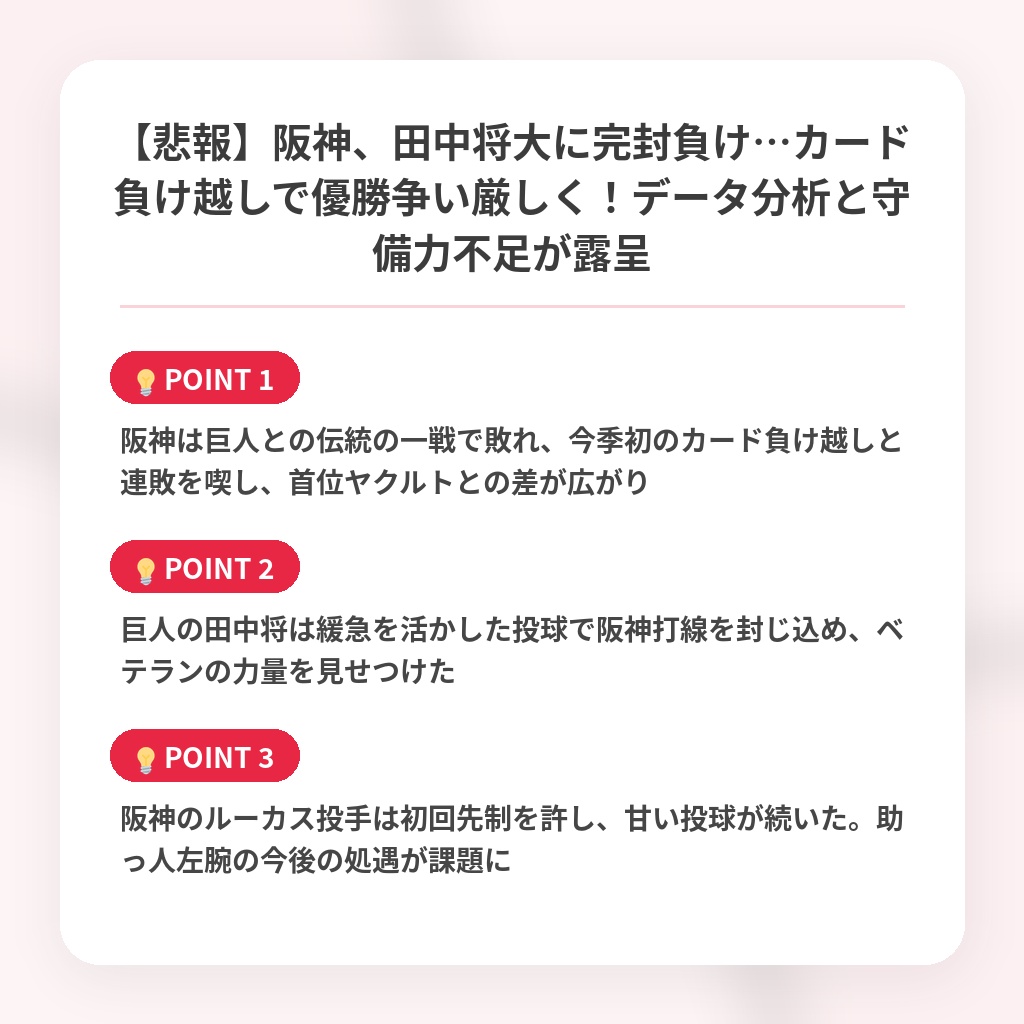 【悲報】阪神、田中将大に完封負け…カード負け越しで優勝争い厳しく！データ分析と守備力不足が露呈の注目ポイントまとめ