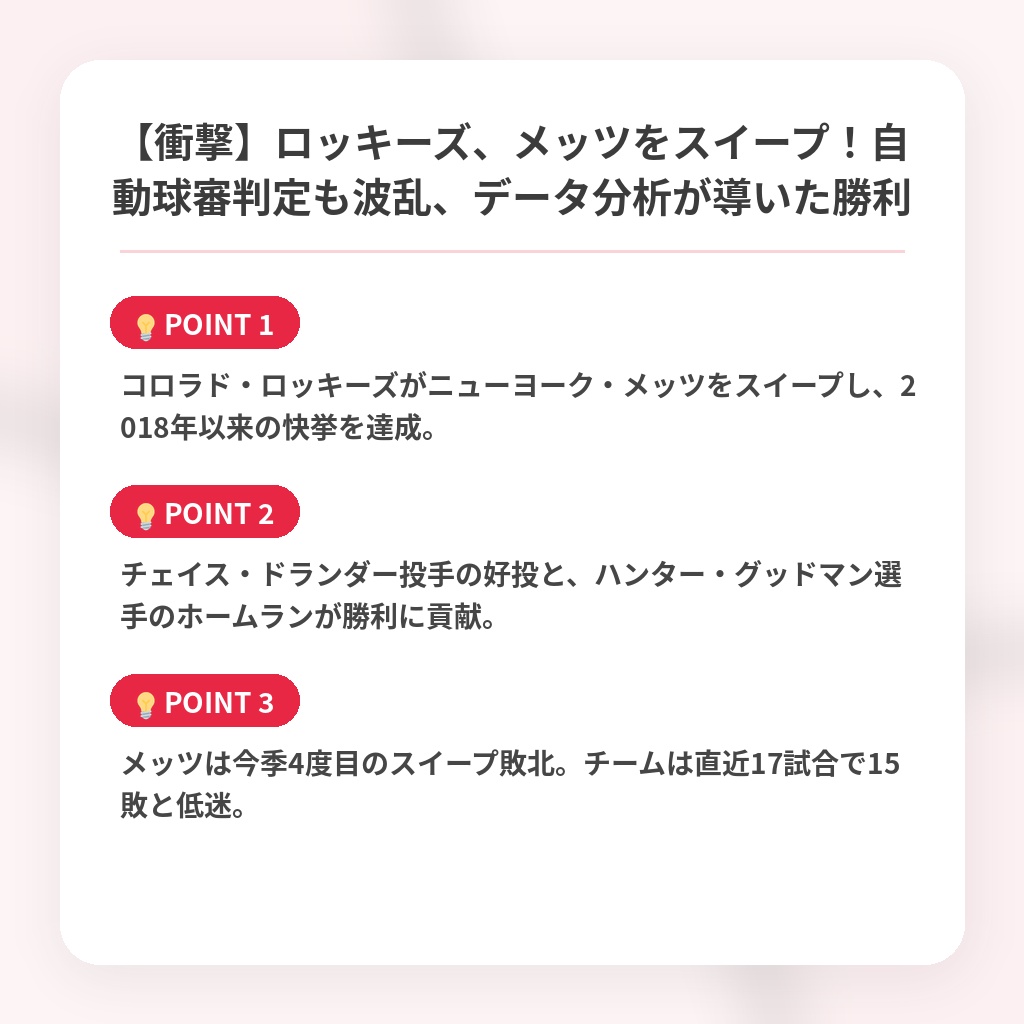 【衝撃】ロッキーズ、メッツをスイープ！自動球審判定も波乱、データ分析が導いた勝利の注目ポイントまとめ