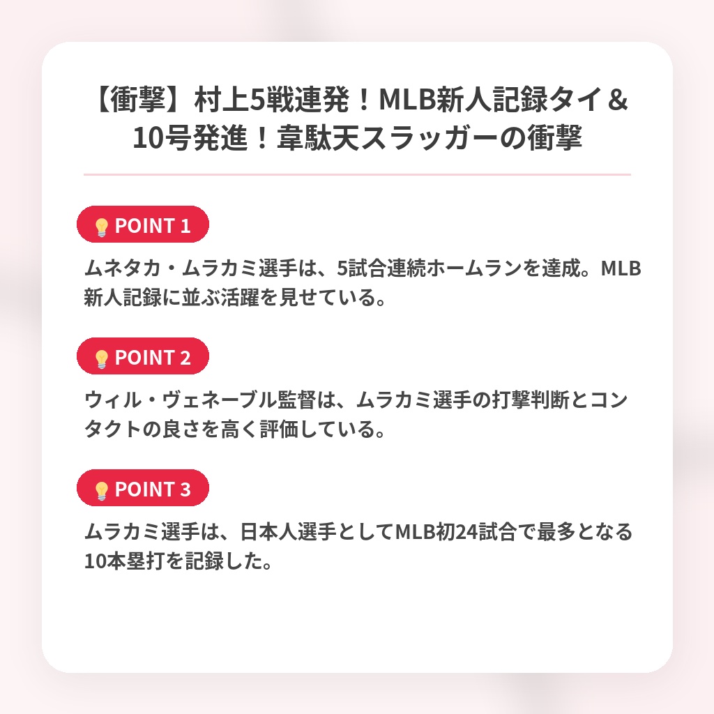 【衝撃】村上5戦連発！MLB新人記録タイ＆10号発進！韋駄天スラッガーの衝撃の注目ポイントまとめ