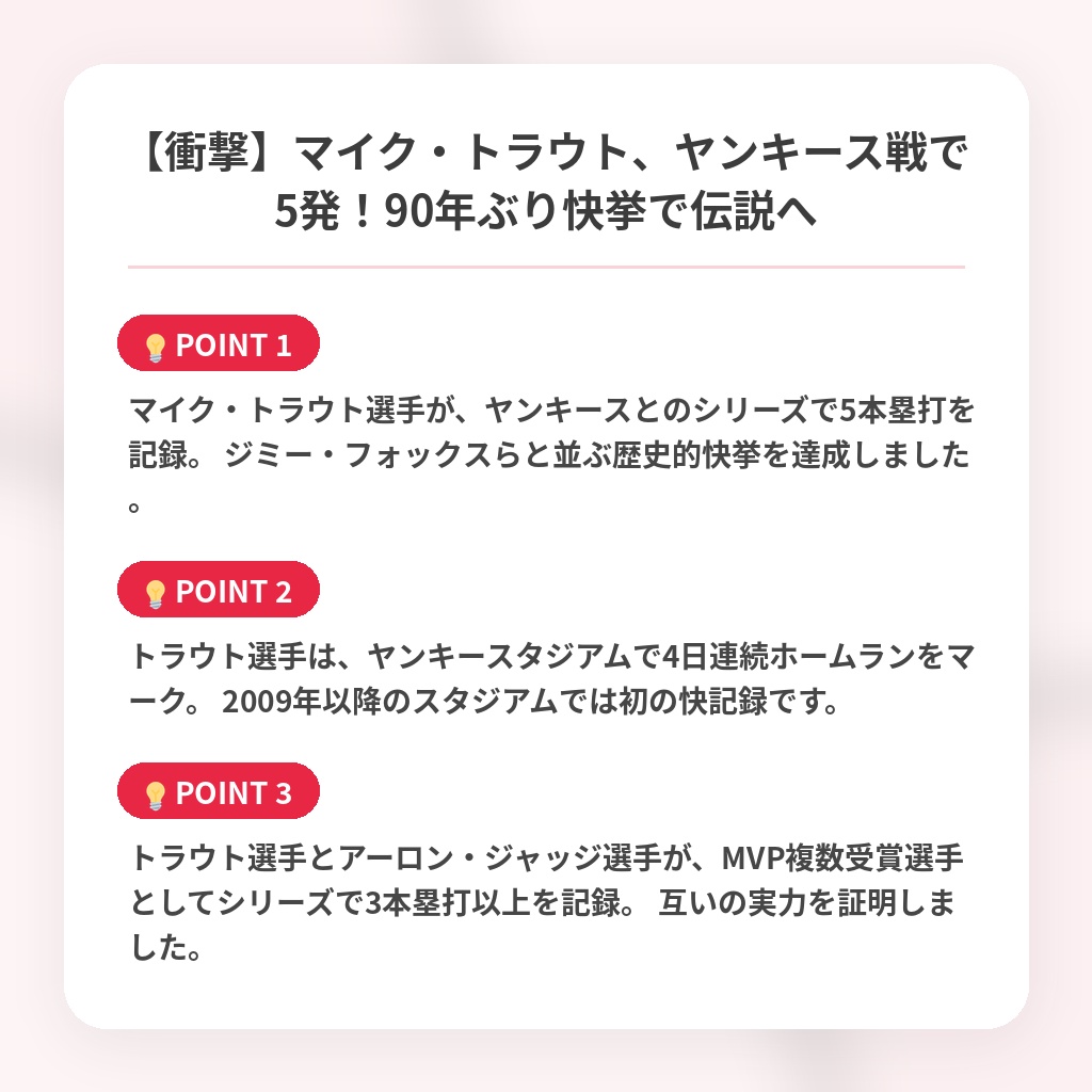 【衝撃】マイク・トラウト、ヤンキース戦で5発！90年ぶり快挙で伝説への注目ポイントまとめ