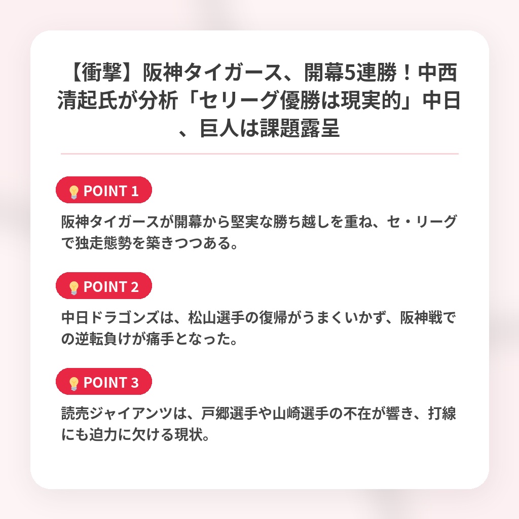 【衝撃】阪神タイガース、開幕5連勝!中西清起氏が分析「セリーグ優勝は現実的」中日、巨人は課題露呈の注目ポイントまとめ