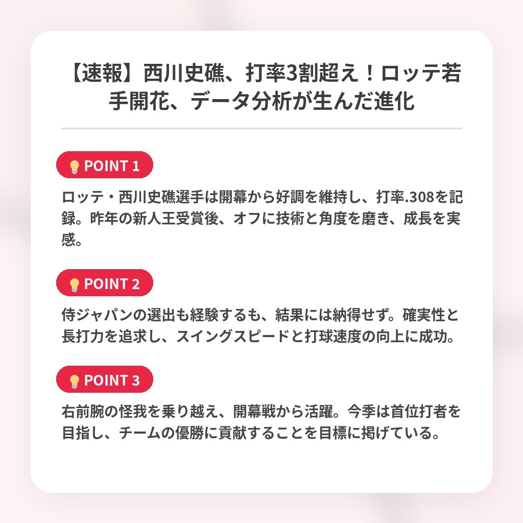【速報】西川史礁、打率3割超え！ロッテ若手開花、データ分析が生んだ進化の注目ポイントまとめ