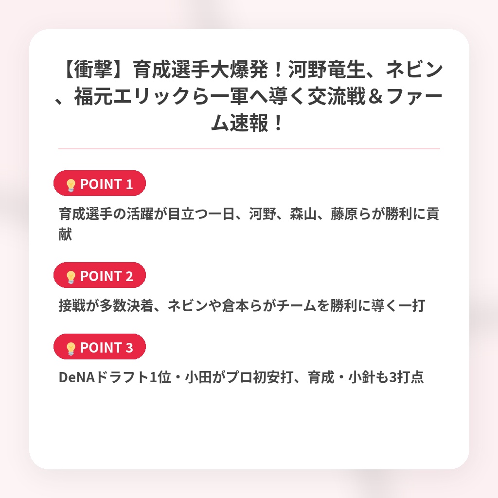 【衝撃】育成選手大爆発！河野竜生、ネビン、福元エリックら一軍へ導く交流戦＆ファーム速報！の注目ポイントまとめ