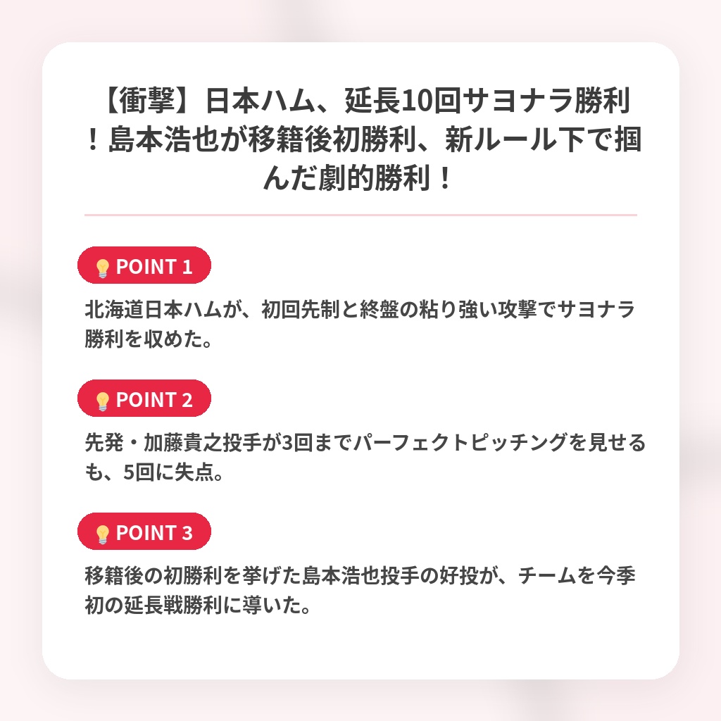 【衝撃】日本ハム、延長10回サヨナラ勝利！島本浩也が移籍後初勝利、新ルール下で掴んだ劇的勝利！の注目ポイントまとめ