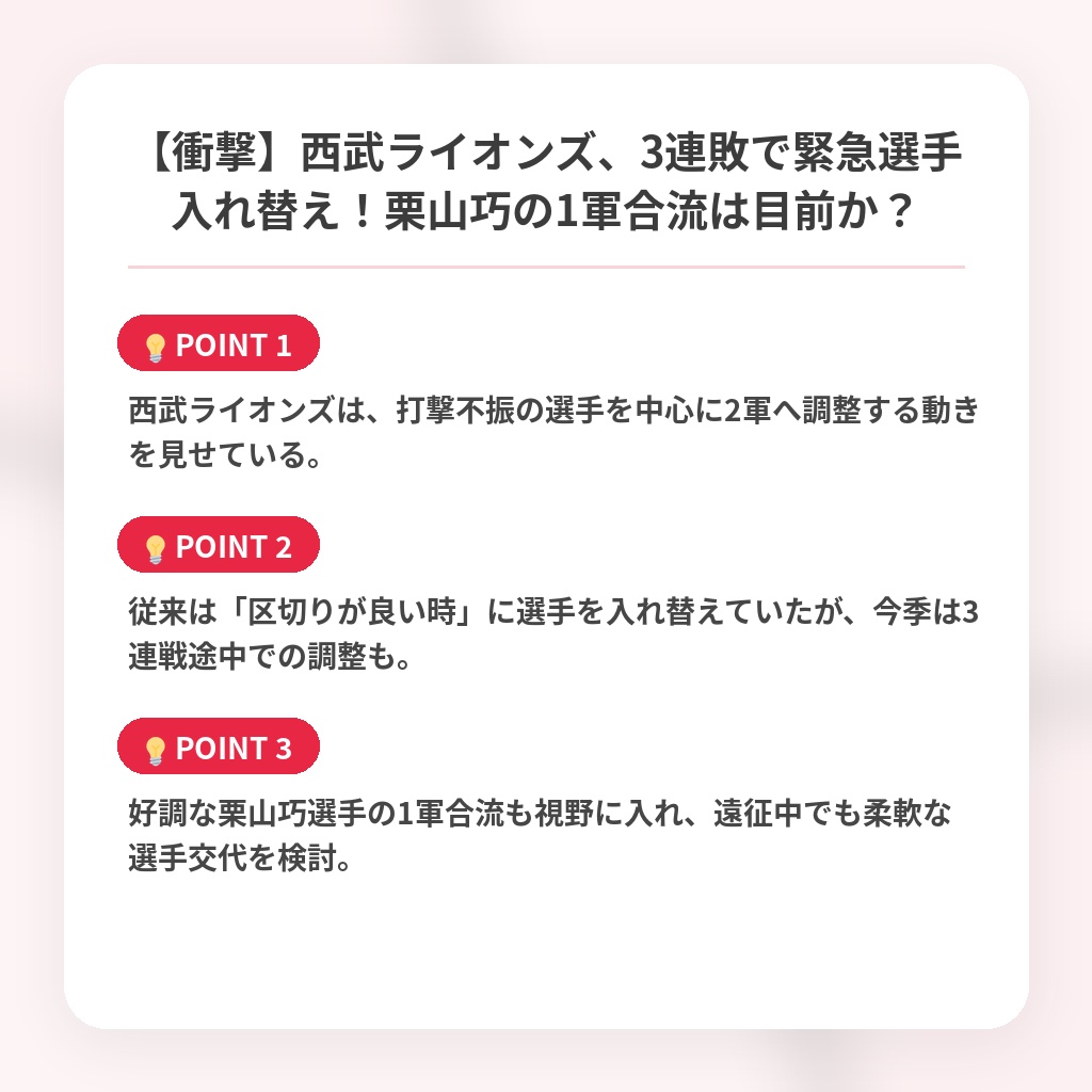 【衝撃】西武ライオンズ、3連敗で緊急選手入れ替え！栗山巧の1軍合流は目前か？の注目ポイントまとめ