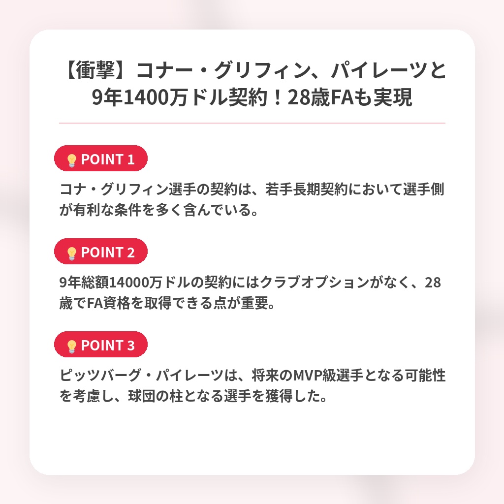【衝撃】コナー・グリフィン、パイレーツと9年1400万ドル契約！28歳FAも実現の注目ポイントまとめ
