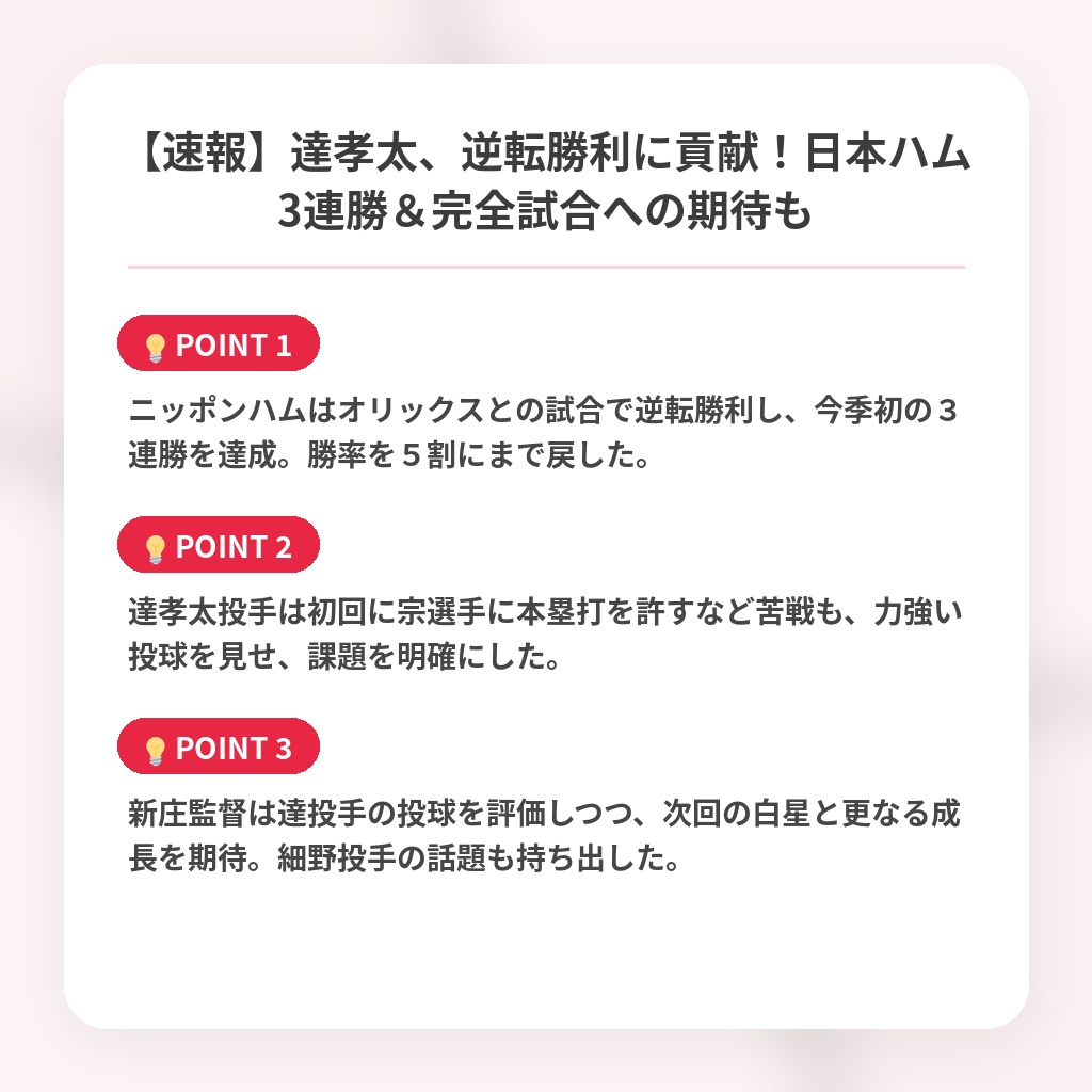 【速報】達孝太、逆転勝利に貢献!日本ハム3連勝&完全試合への期待もの注目ポイントまとめ