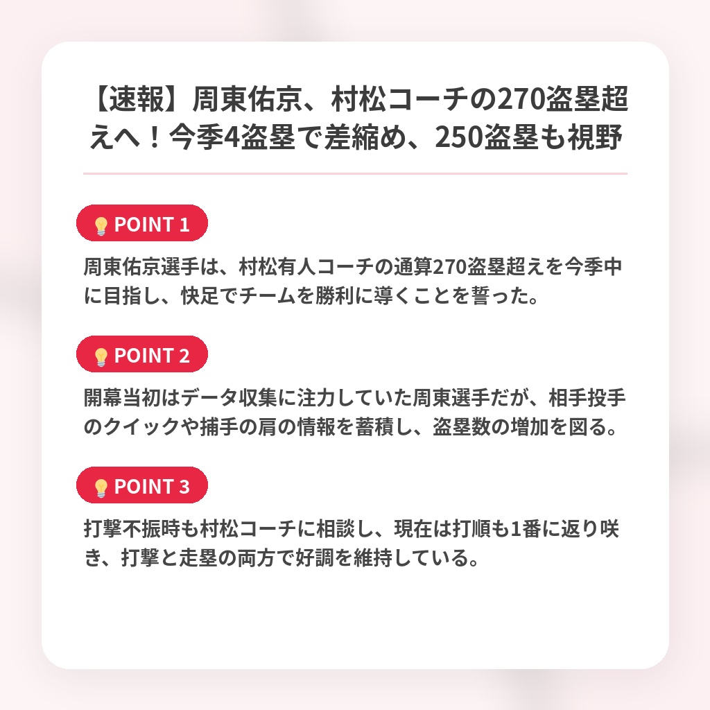 【速報】周東佑京、村松コーチの270盗塁超えへ！今季4盗塁で差縮め、250盗塁も視野の注目ポイントまとめ