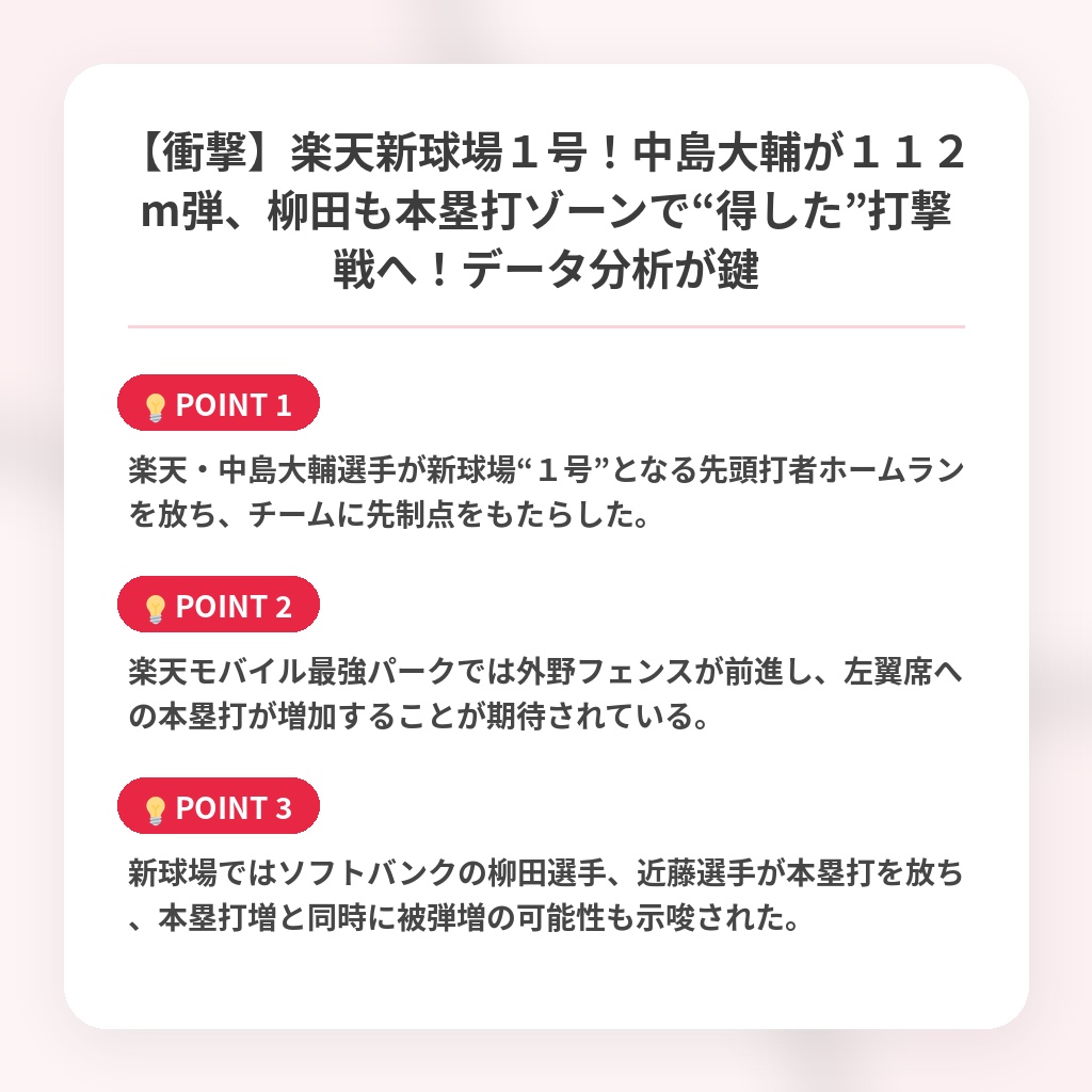 【衝撃】楽天新球場１号！中島大輔が１１２m弾、柳田も本塁打ゾーンで“得した”打撃戦へ！データ分析が鍵の注目ポイントまとめ