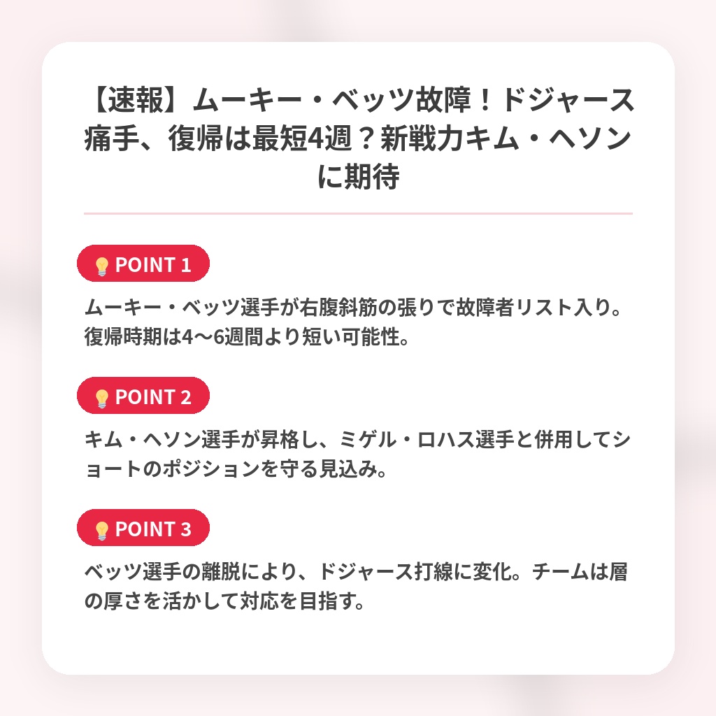 【速報】ムーキー・ベッツ故障！ドジャース痛手、復帰は最短4週？新戦力キム・ヘソンに期待の注目ポイントまとめ