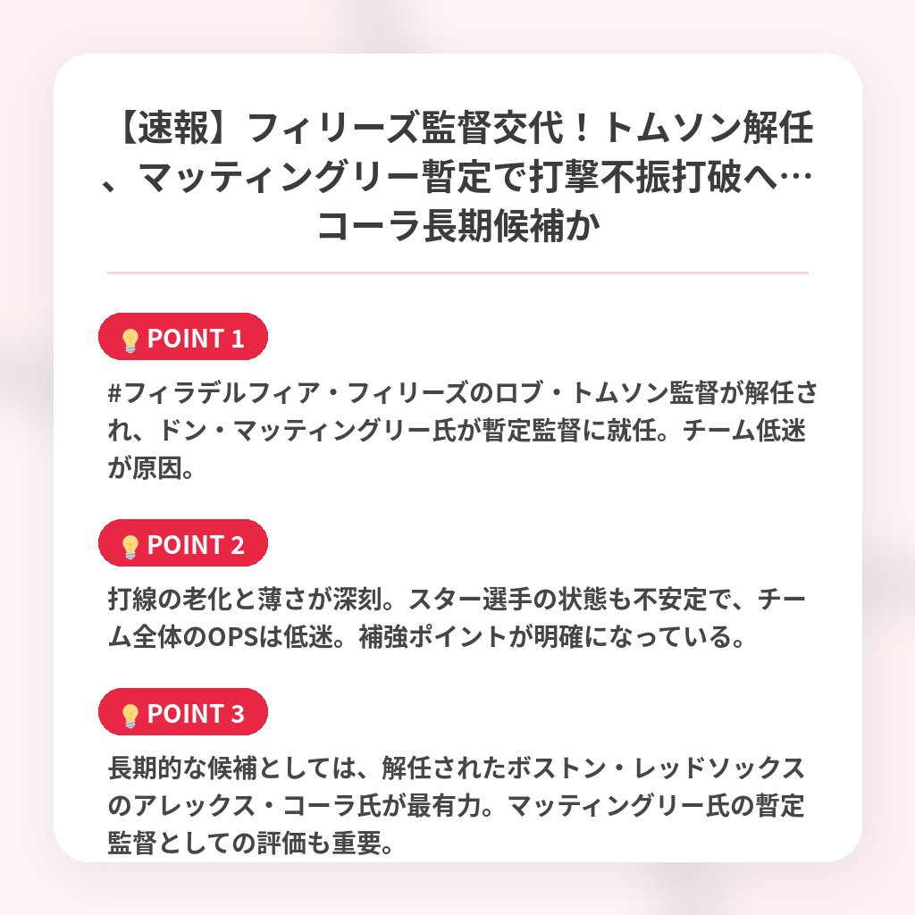 【速報】フィリーズ監督交代！トムソン解任、マッティングリー暫定で打撃不振打破へ…コーラ長期候補かの注目ポイントまとめ