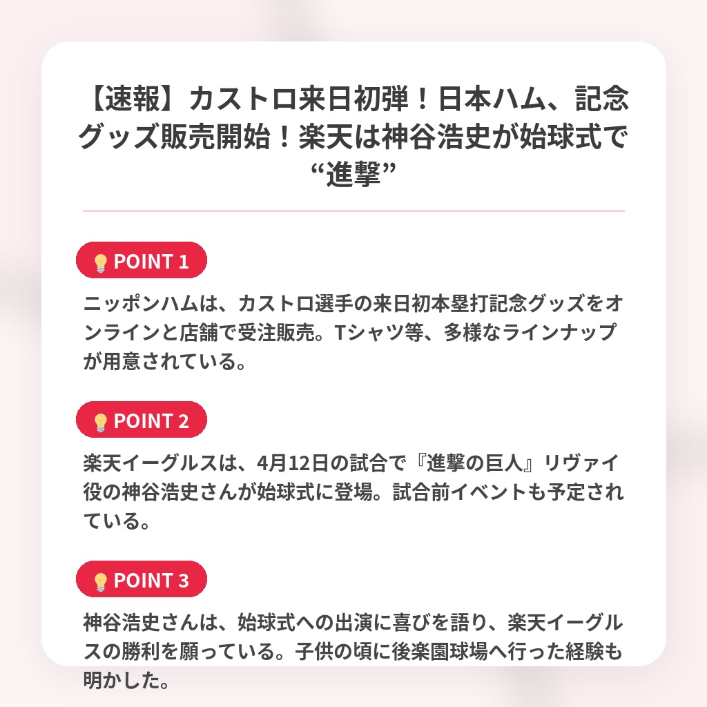 【速報】カストロ来日初弾！日本ハム、記念グッズ販売開始！楽天は神谷浩史が始球式で“進撃”の注目ポイントまとめ