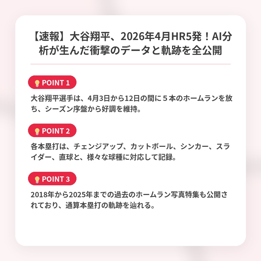 【速報】大谷翔平、2026年4月HR5発！AI分析が生んだ衝撃のデータと軌跡を全公開の注目ポイントまとめ