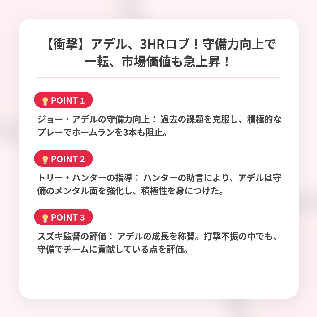 【衝撃】アデル、3HRロブ！守備力向上で一転、市場価値も急上昇！の注目ポイントまとめ
