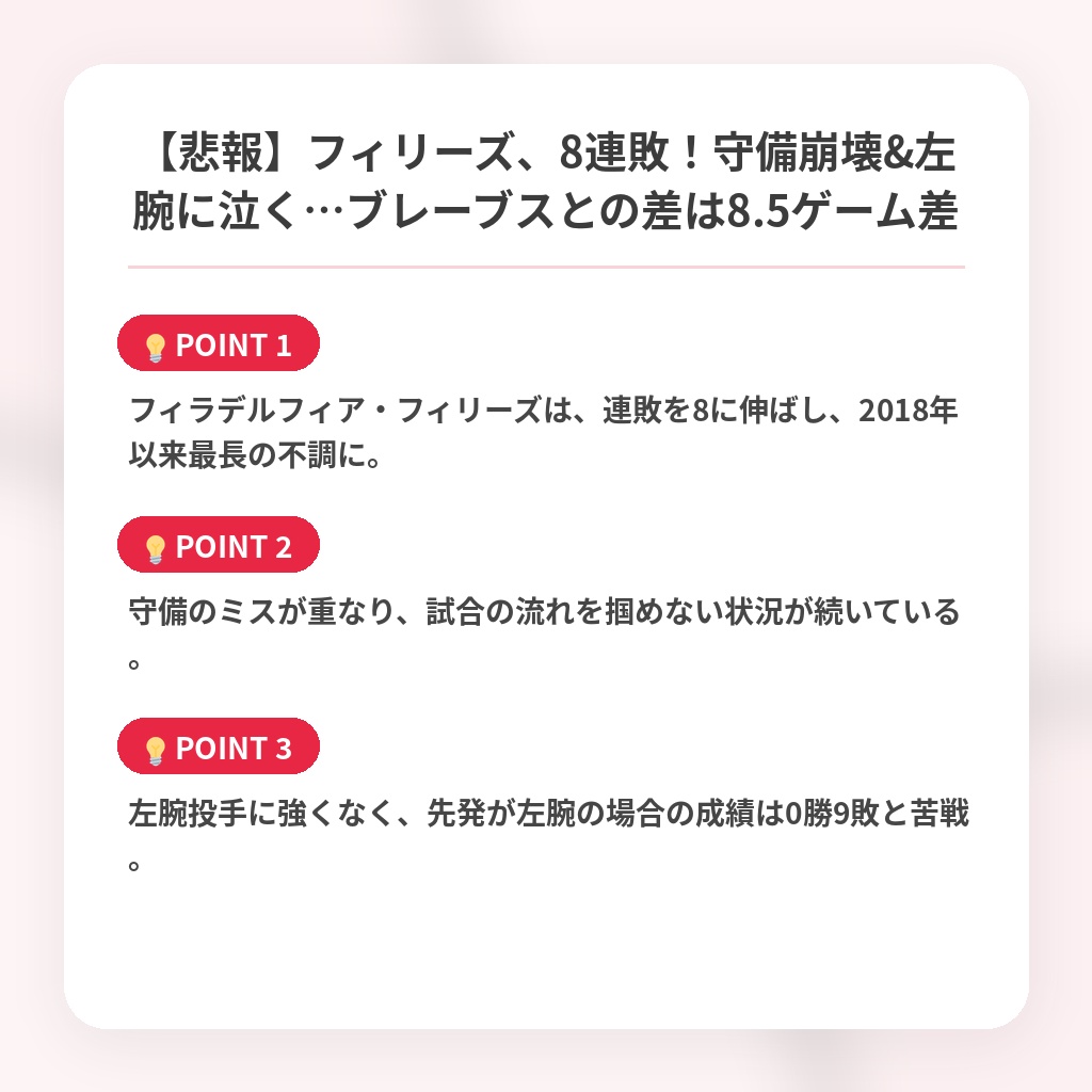 【悲報】フィリーズ、8連敗！守備崩壊&左腕に泣く…ブレーブスとの差は8.5ゲーム差の注目ポイントまとめ