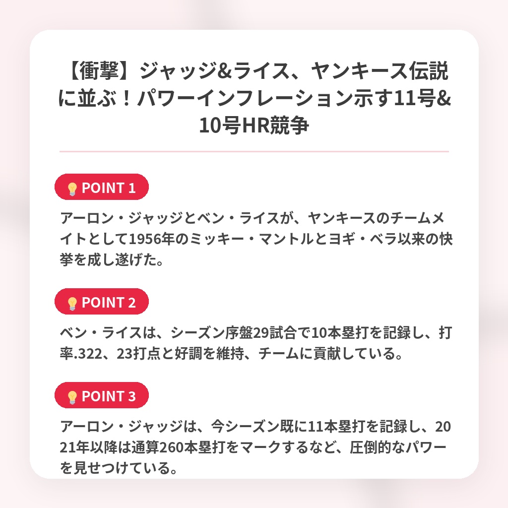 【衝撃】ジャッジ&ライス、ヤンキース伝説に並ぶ！パワーインフレーション示す11号&10号HR競争の注目ポイントまとめ