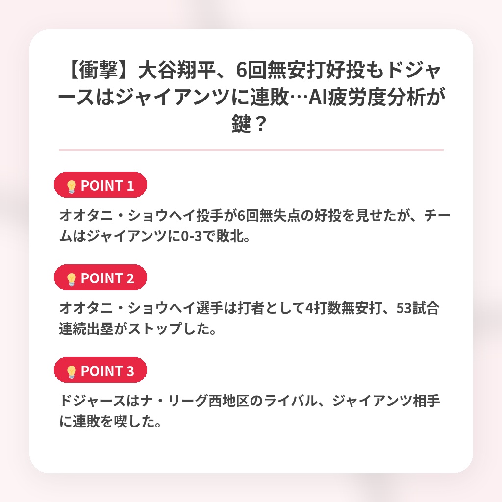 【衝撃】大谷翔平、6回無安打好投もドジャースはジャイアンツに連敗…AI疲労度分析が鍵？の注目ポイントまとめ