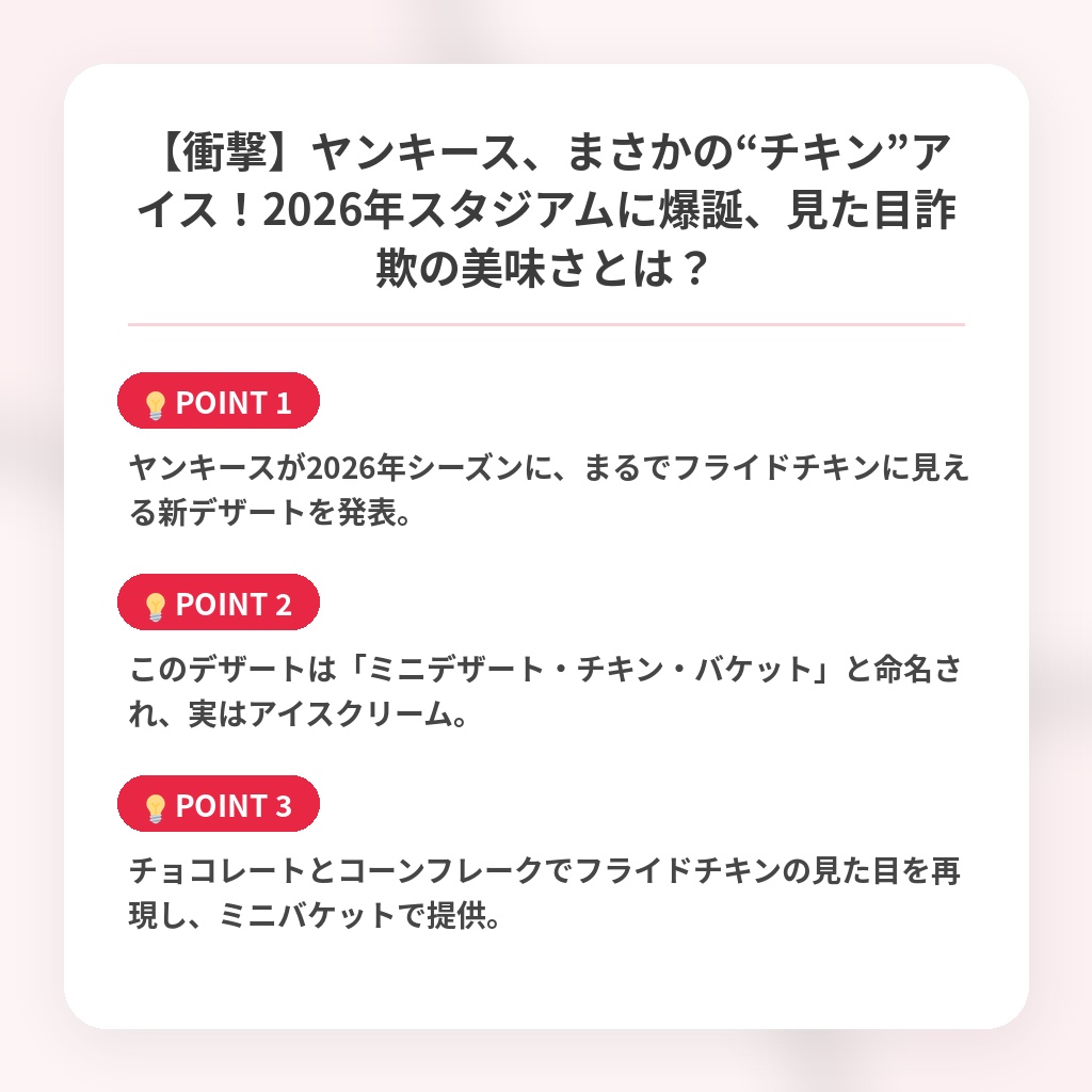【衝撃】ヤンキース、まさかの“チキン”アイス！2026年スタジアムに爆誕、見た目詐欺の美味さとは？の注目ポイントまとめ