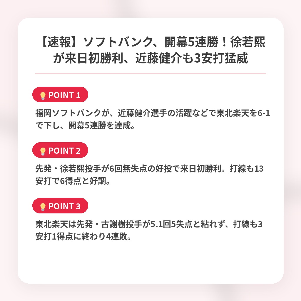 【速報】ソフトバンク、開幕5連勝！徐若熙が来日初勝利、近藤健介も3安打猛威の注目ポイントまとめ