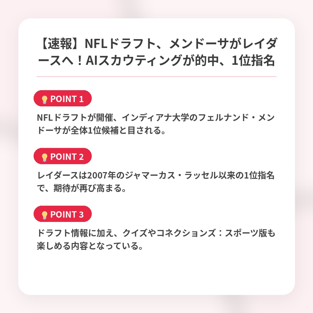 【速報】NFLドラフト、メンドーサがレイダースへ！AIスカウティングが的中、1位指名の注目ポイントまとめ