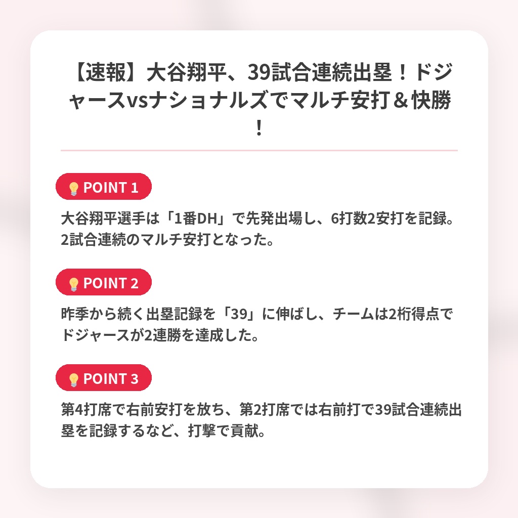 【速報】大谷翔平、39試合連続出塁！ドジャースvsナショナルズでマルチ安打＆快勝！の注目ポイントまとめ