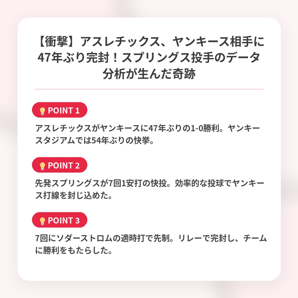 【衝撃】アスレチックス、ヤンキース相手に47年ぶり完封！スプリングス投手のデータ分析が生んだ奇跡の注目ポイントまとめ