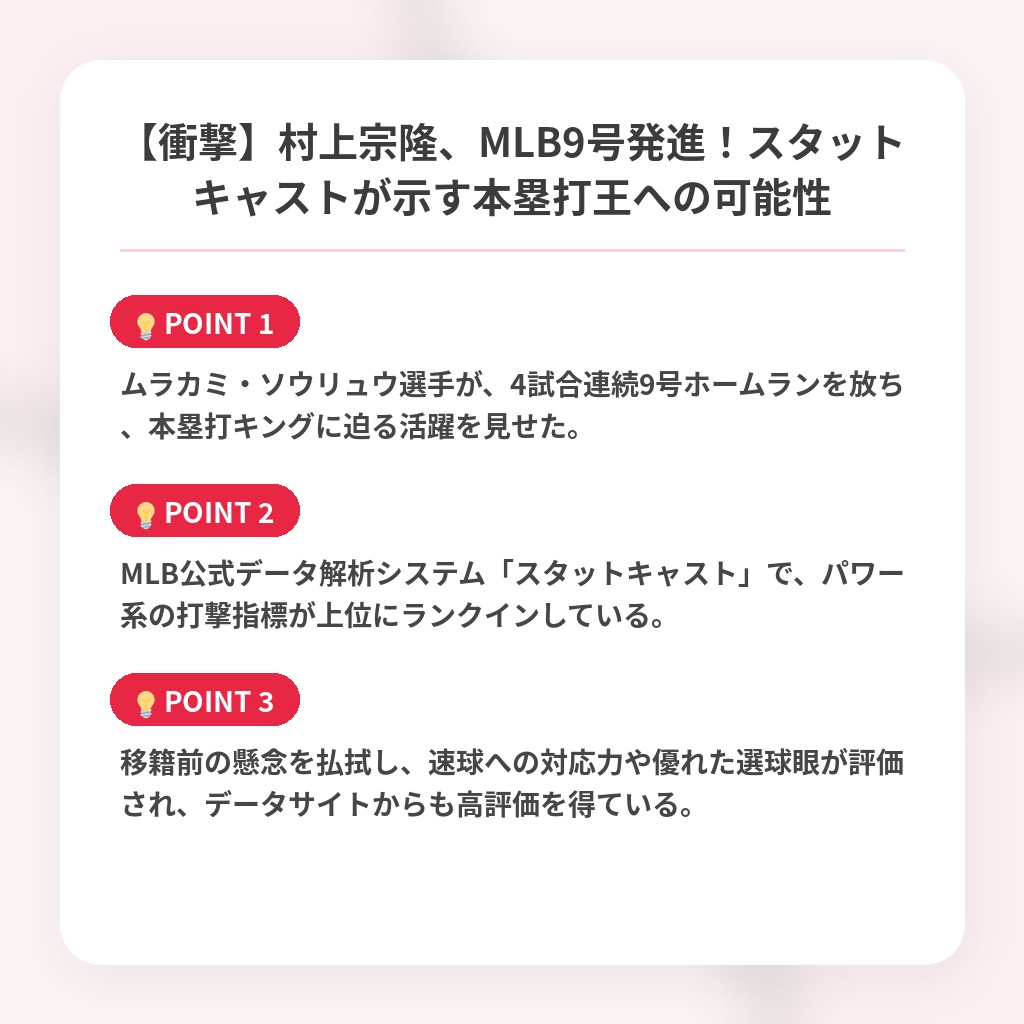 【衝撃】村上宗隆、MLB9号発進！スタットキャストが示す本塁打王への可能性の注目ポイントまとめ