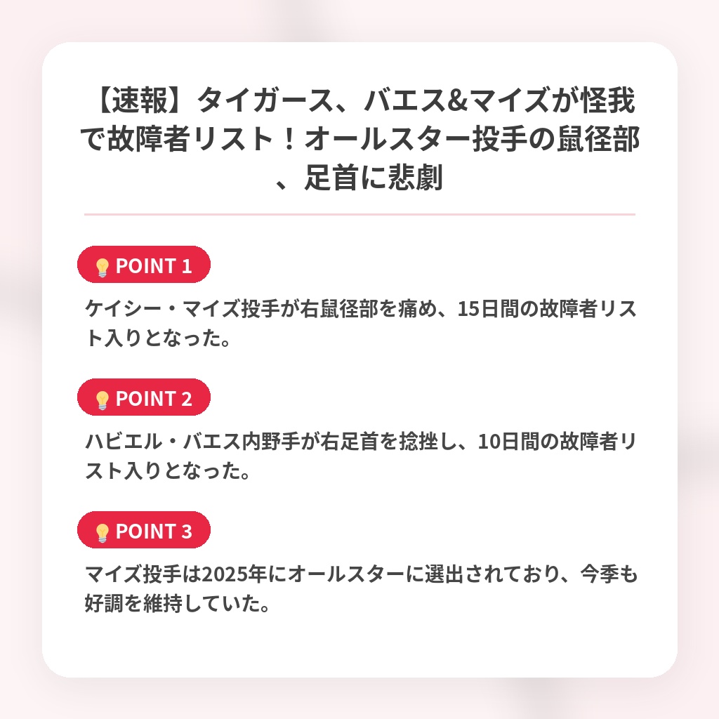 【速報】タイガース、バエス&マイズが怪我で故障者リスト！オールスター投手の鼠径部、足首に悲劇の注目ポイントまとめ
