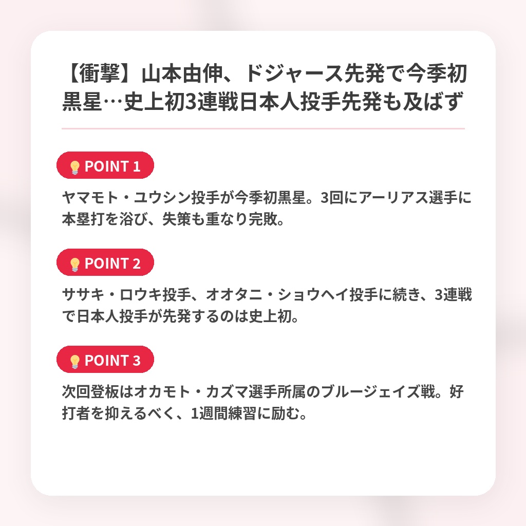 【衝撃】山本由伸、ドジャース先発で今季初黒星…史上初3連戦日本人投手先発も及ばずの注目ポイントまとめ