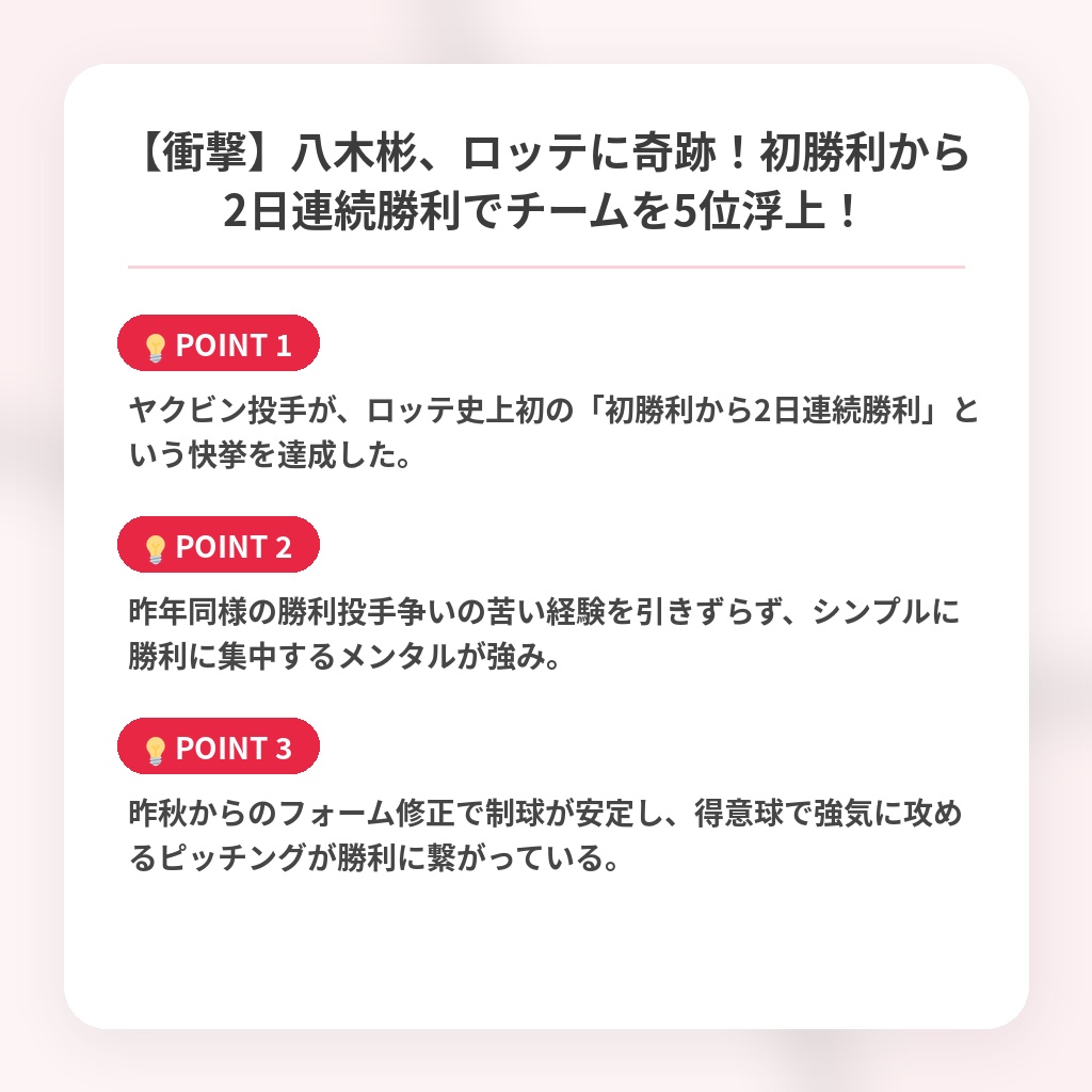 【衝撃】八木彬、ロッテに奇跡！初勝利から2日連続勝利でチームを5位浮上！の注目ポイントまとめ