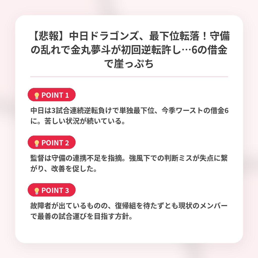 【悲報】中日ドラゴンズ、最下位転落!守備の乱れで金丸夢斗が初回逆転許し…6の借金で崖っぷちの注目ポイントまとめ