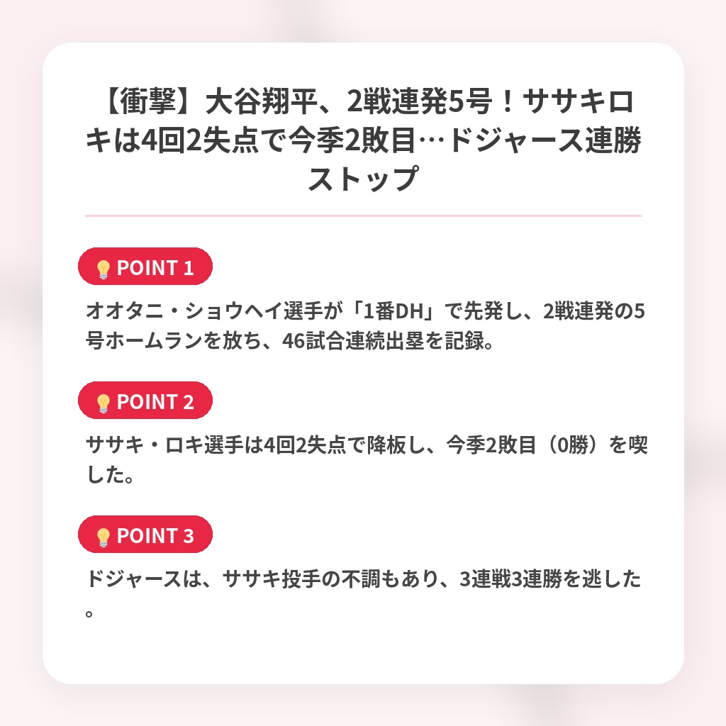 【衝撃】大谷翔平、2戦連発5号！ササキロキは4回2失点で今季2敗目…ドジャース連勝ストップの注目ポイントまとめ