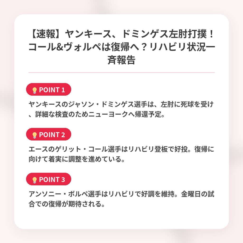 【速報】ヤンキース、ドミンゲス左肘打撲！コール&ヴォルペは復帰へ？リハビリ状況一斉報告の注目ポイントまとめ