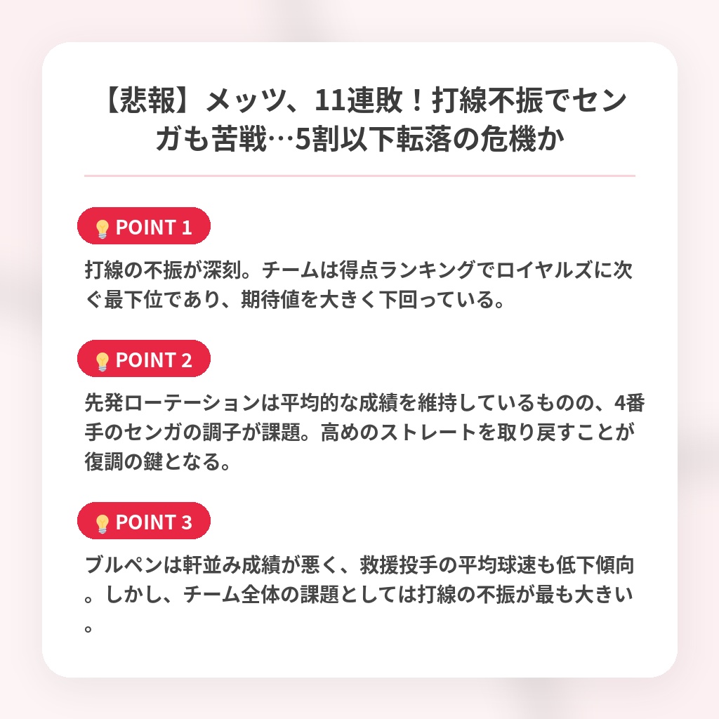 【悲報】メッツ、11連敗！打線不振でセンガも苦戦…5割以下転落の危機かの注目ポイントまとめ