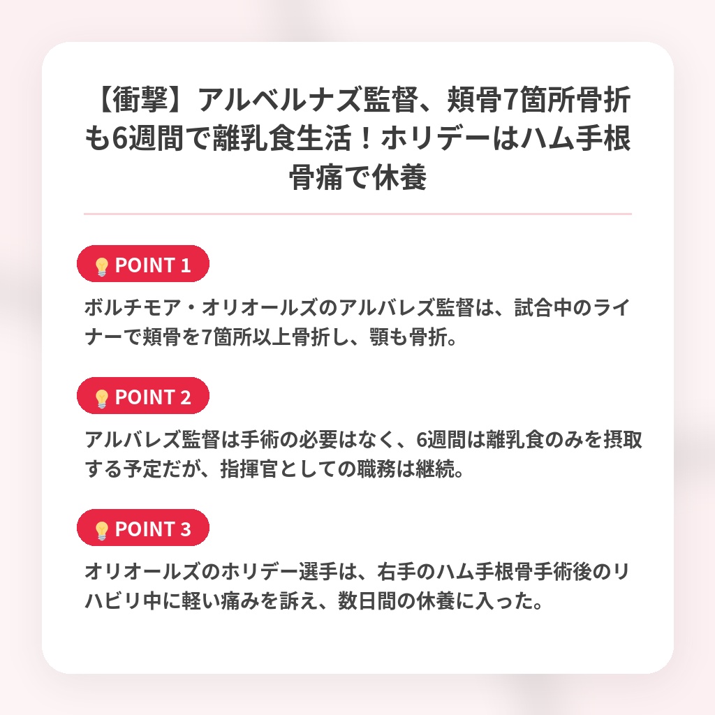 【衝撃】アルベルナズ監督、頬骨7箇所骨折も6週間で離乳食生活!ホリデーはハム手根骨痛で休養の注目ポイントまとめ