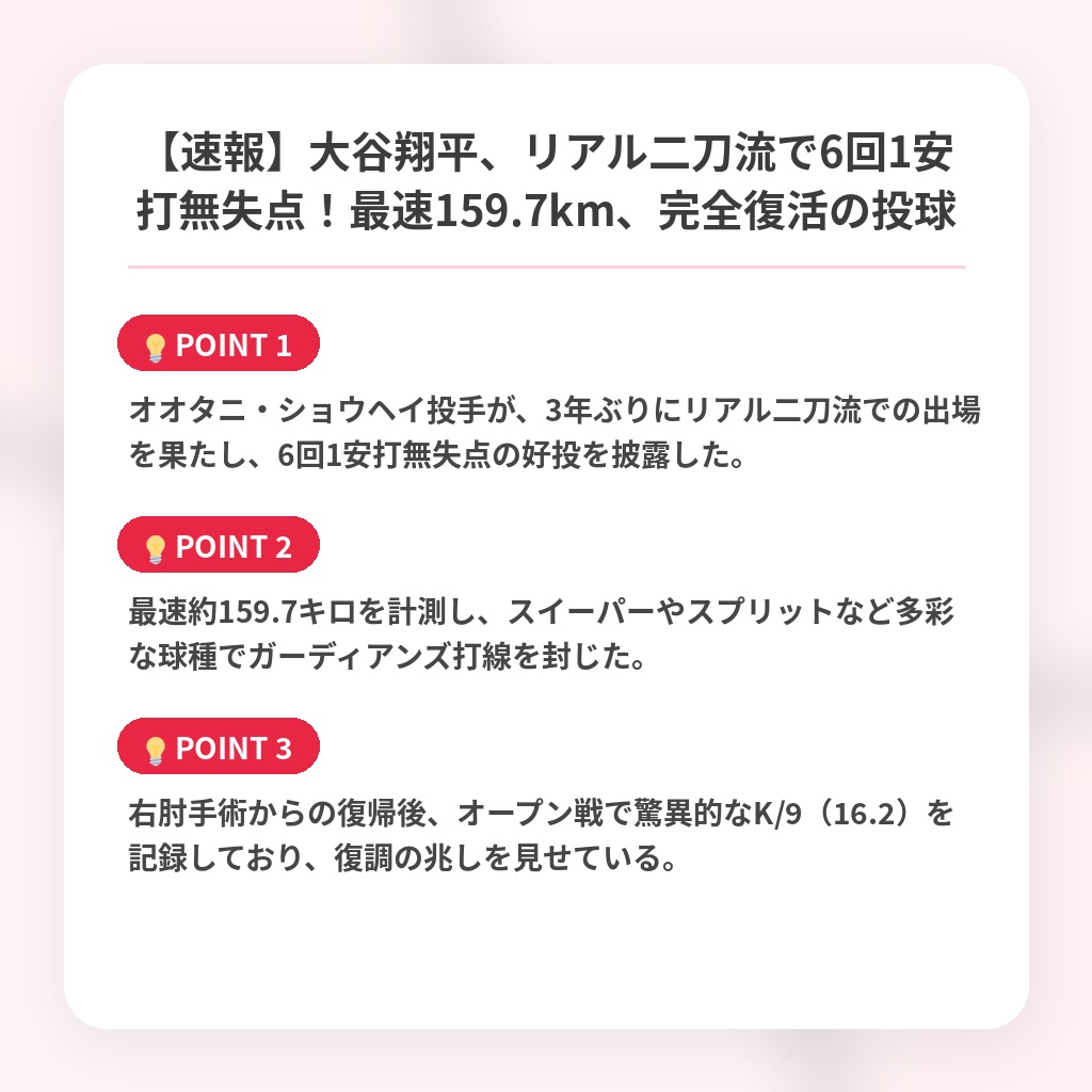 【速報】大谷翔平、リアル二刀流で6回1安打無失点!最速159.7km、完全復活の投球の注目ポイントまとめ