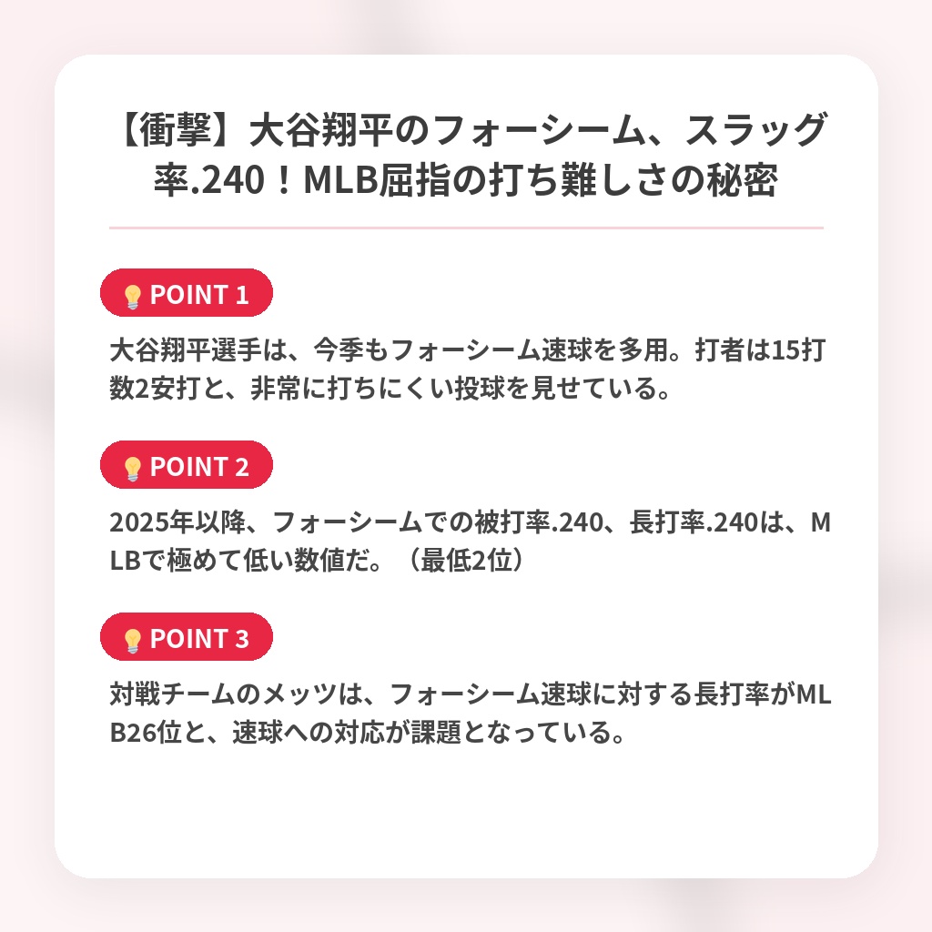 【衝撃】大谷翔平のフォーシーム、スラッグ率.240!MLB屈指の打ち難しさの秘密の注目ポイントまとめ