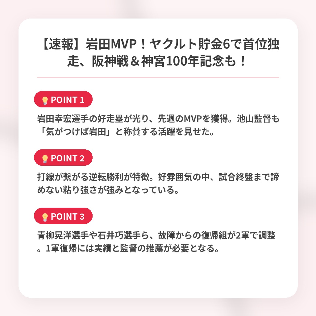 【速報】岩田MVP!ヤクルト貯金6で首位独走、阪神戦&神宮100年記念も!の注目ポイントまとめ