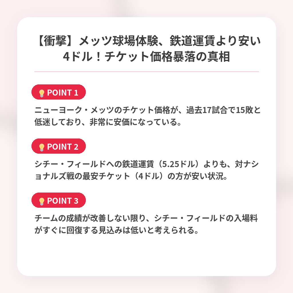 【衝撃】メッツ球場体験、鉄道運賃より安い4ドル！チケット価格暴落の真相の注目ポイントまとめ