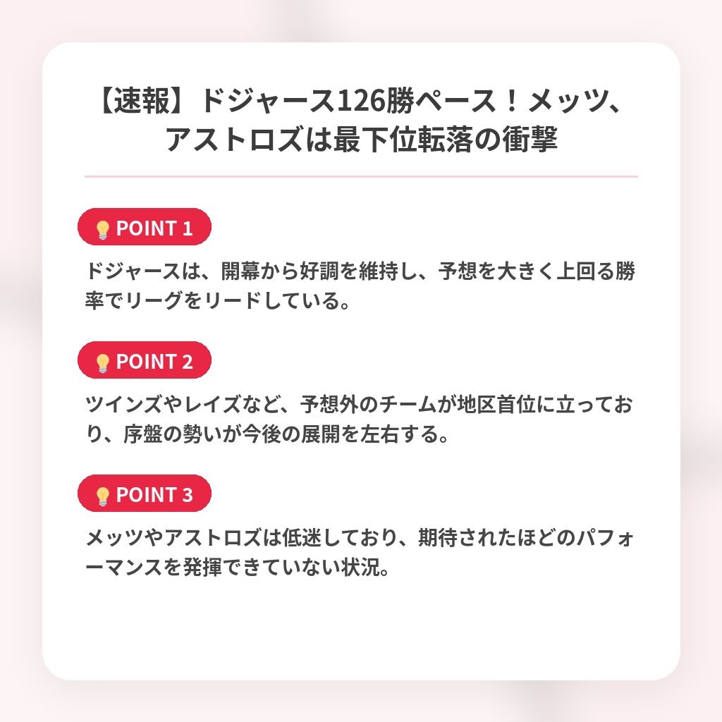 【速報】ドジャース126勝ペース！メッツ、アストロズは最下位転落の衝撃の注目ポイントまとめ