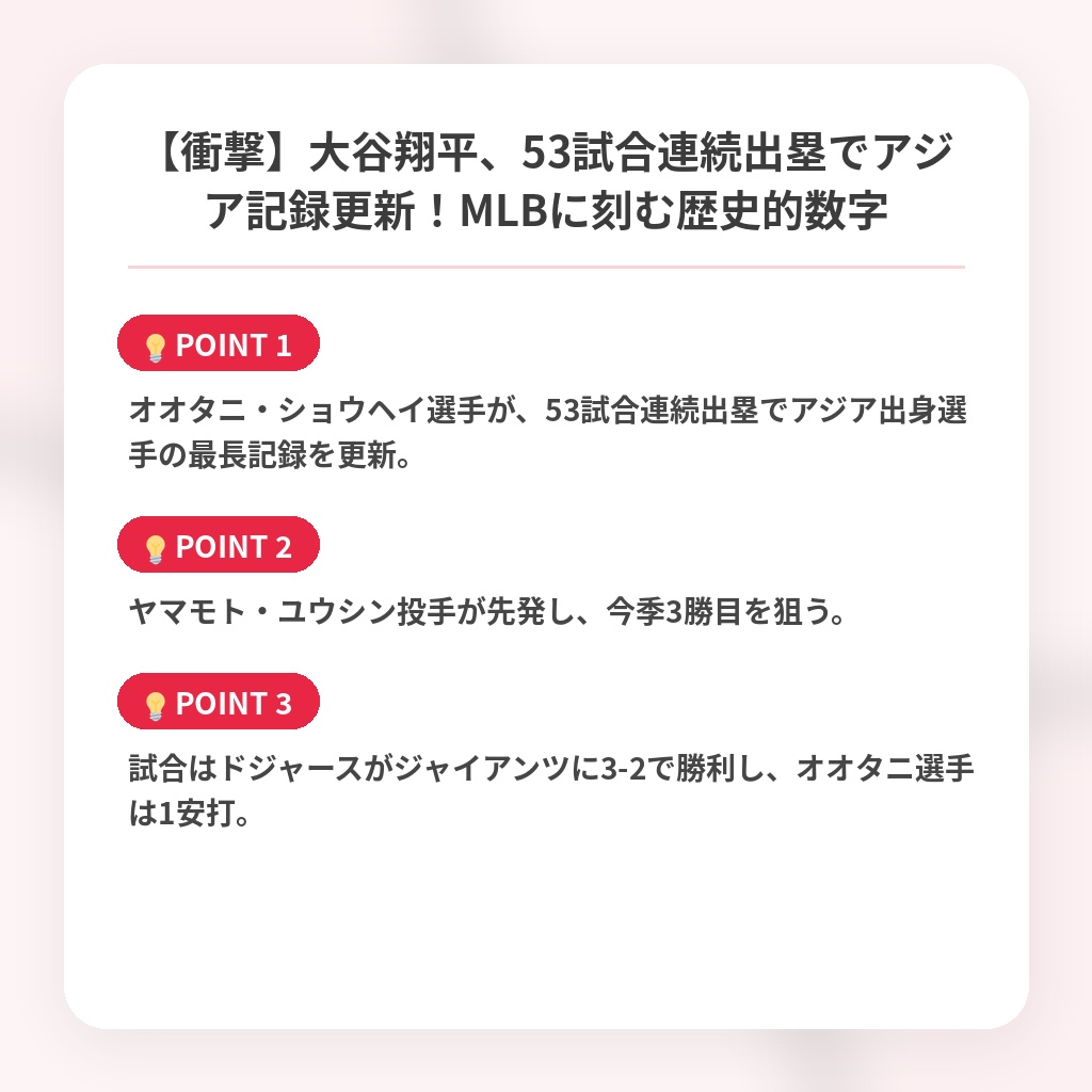 【衝撃】大谷翔平、53試合連続出塁でアジア記録更新！MLBに刻む歴史的数字の注目ポイントまとめ