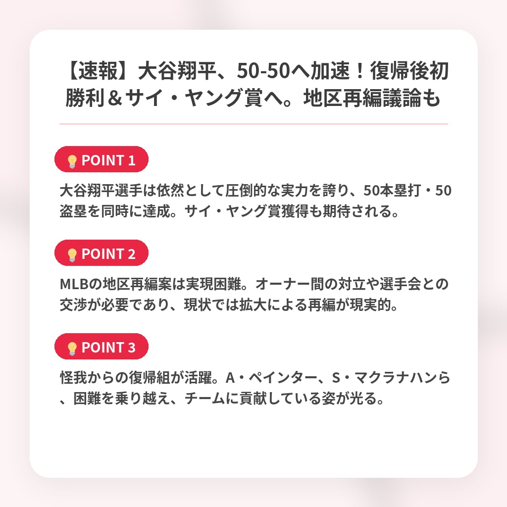 【速報】大谷翔平、50-50へ加速！復帰後初勝利＆サイ・ヤング賞へ。地区再編議論もの注目ポイントまとめ