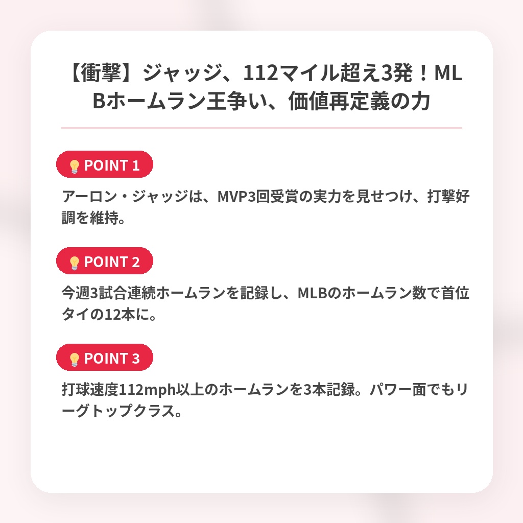 【衝撃】ジャッジ、112マイル超え3発！MLBホームラン王争い、価値再定義の力の注目ポイントまとめ