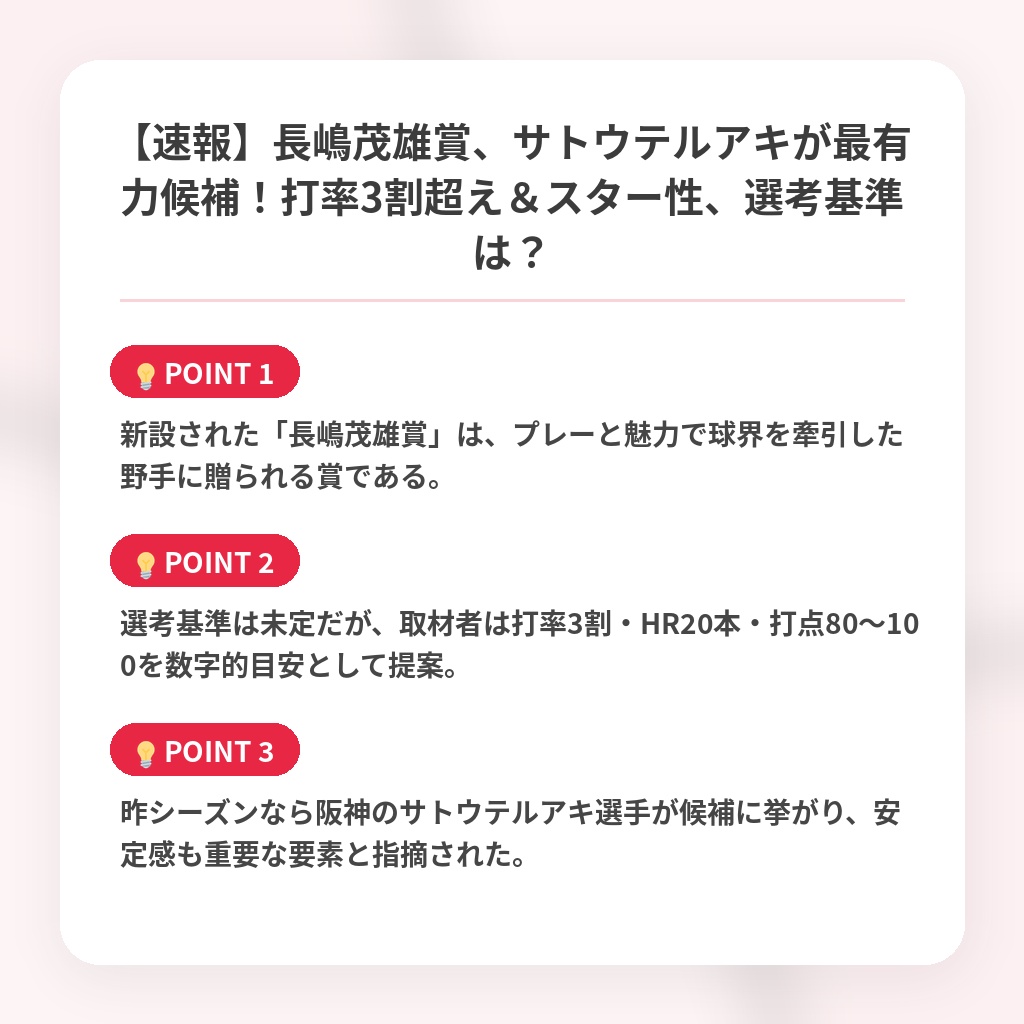 【速報】長嶋茂雄賞、サトウテルアキが最有力候補!打率3割超え&スター性、選考基準は?の注目ポイントまとめ