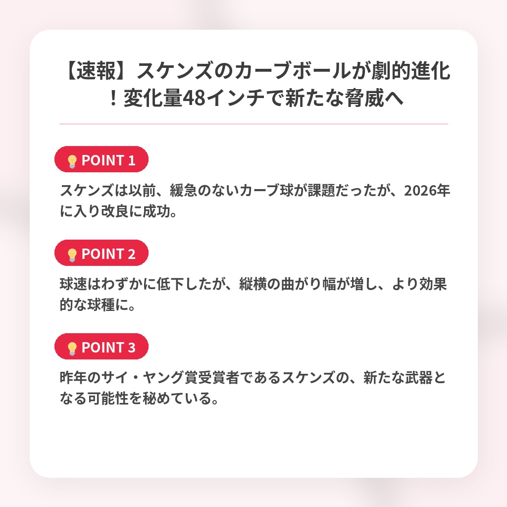 【速報】スケンズのカーブボールが劇的進化!変化量48インチで新たな脅威への注目ポイントまとめ