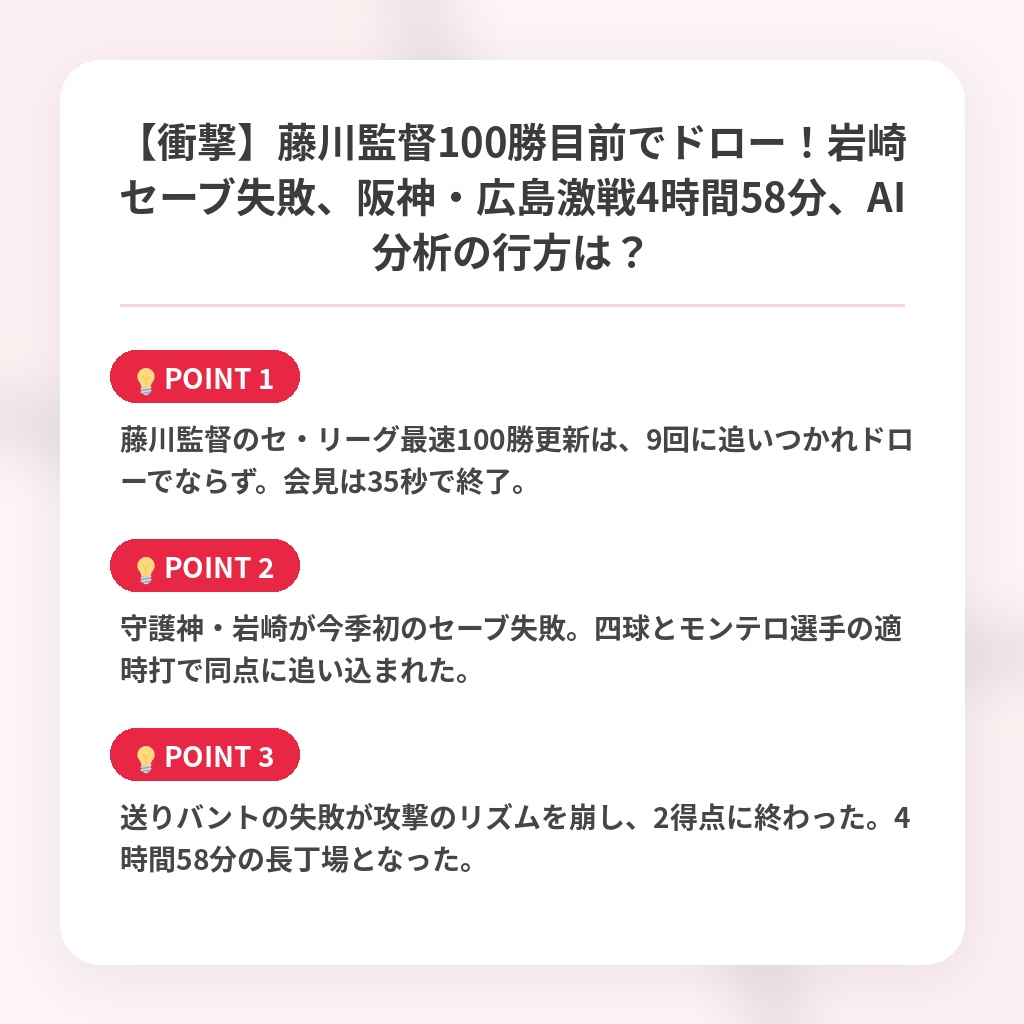 【衝撃】藤川監督100勝目前でドロー！岩崎セーブ失敗、阪神・広島激戦4時間58分、AI分析の行方は？の注目ポイントまとめ