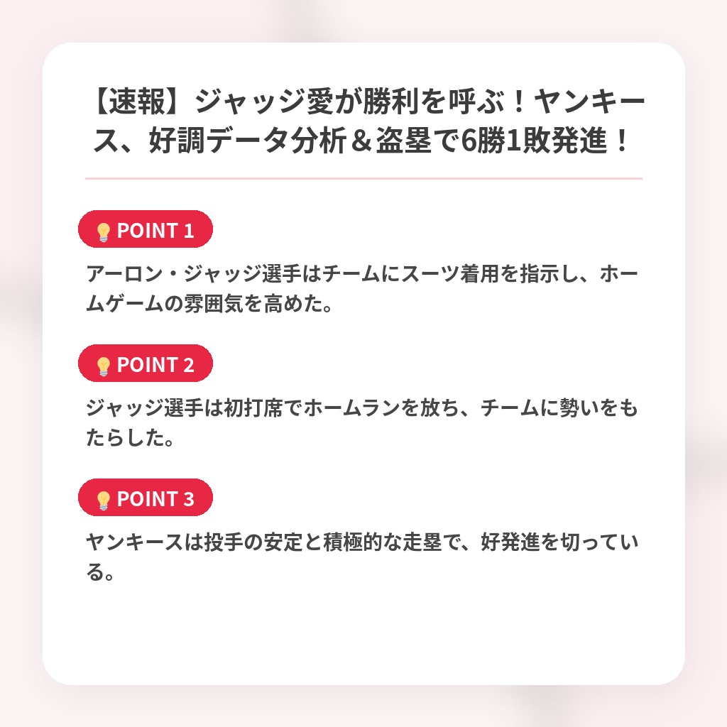 【速報】ジャッジ愛が勝利を呼ぶ！ヤンキース、好調データ分析＆盗塁で6勝1敗発進！の注目ポイントまとめ