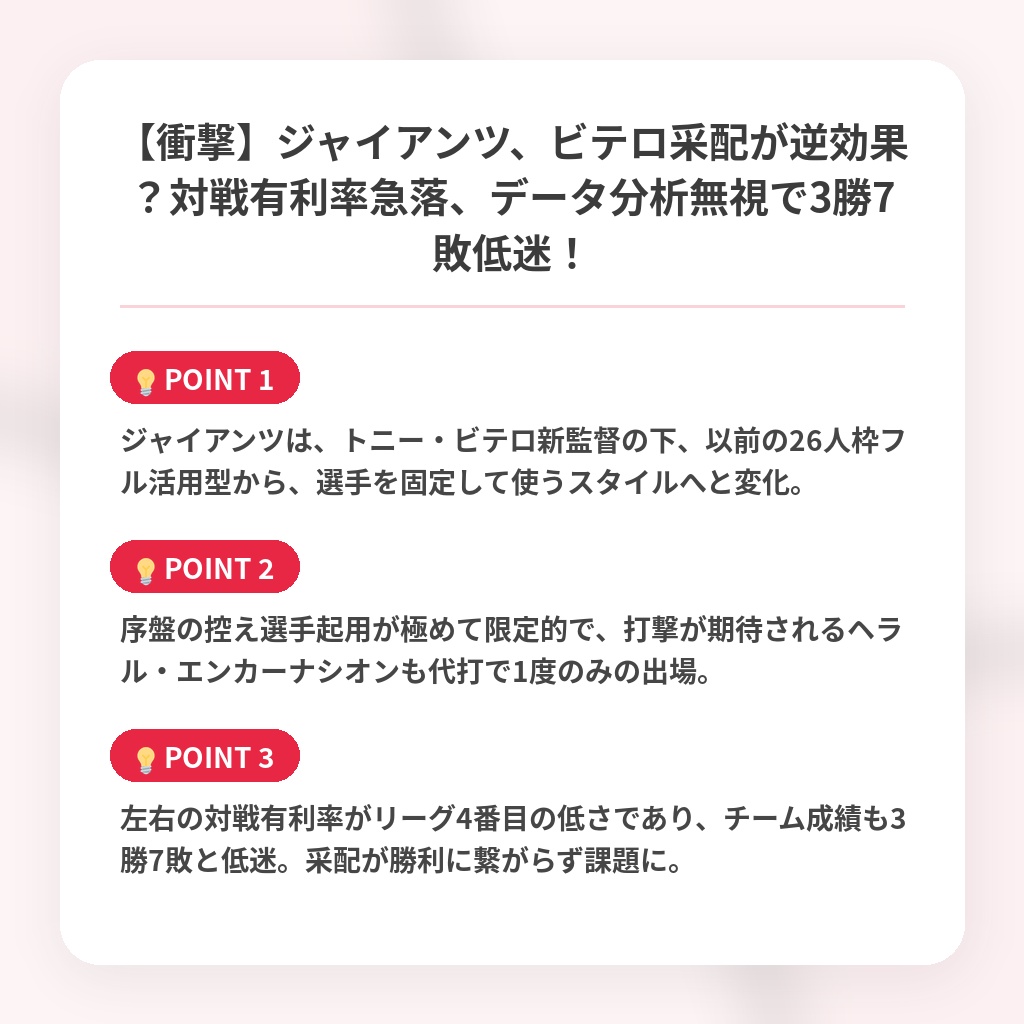 【衝撃】ジャイアンツ、ビテロ采配が逆効果？対戦有利率急落、データ分析無視で3勝7敗低迷！の注目ポイントまとめ